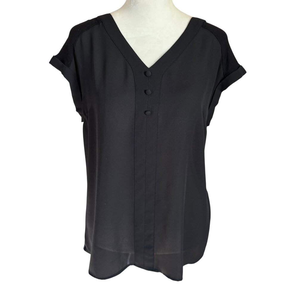 Fortune + Ivy women's black short cuffed sleeve v-neck blouse size small
